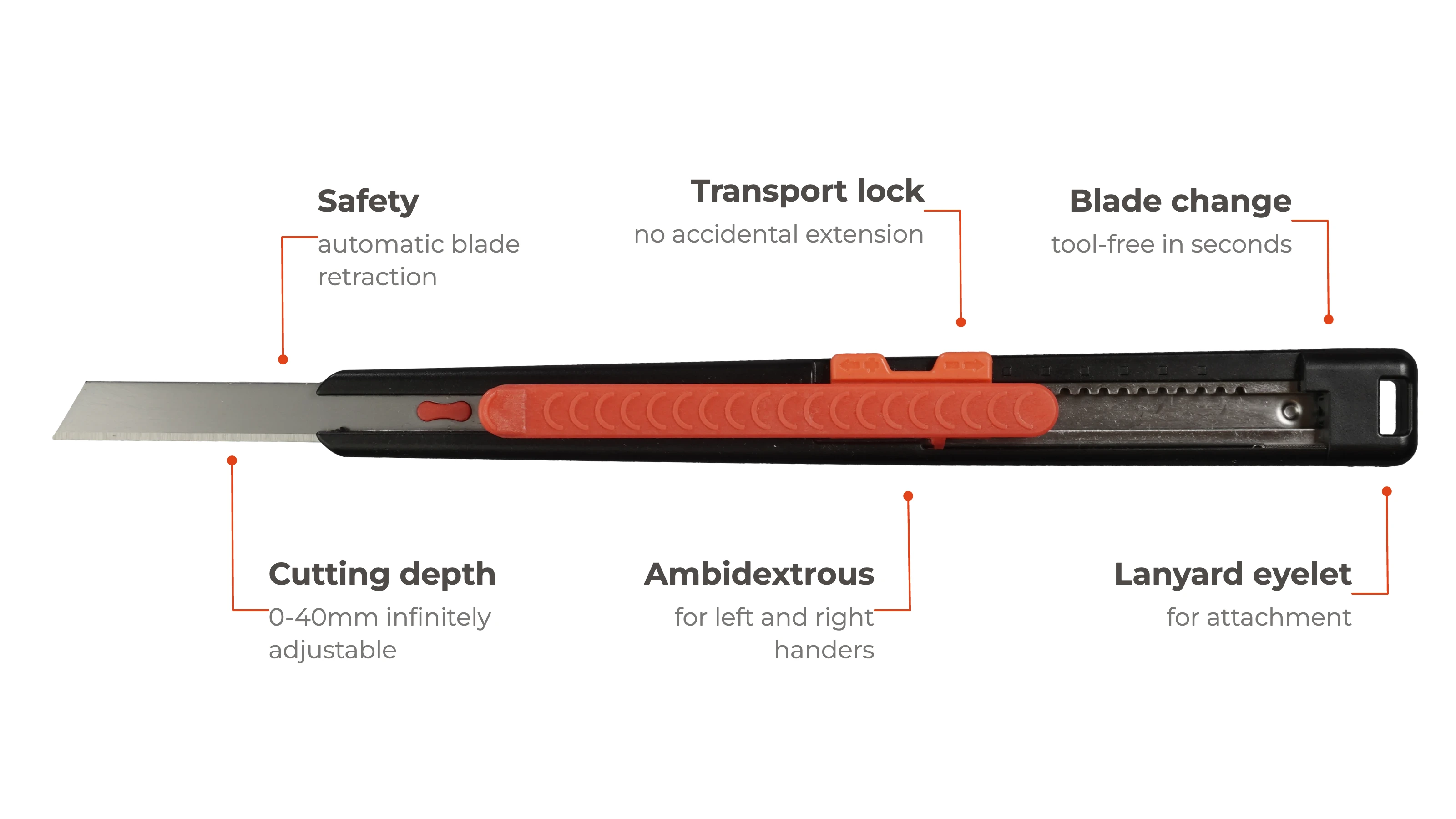 TORTORIS SAFE 21 slim safety knife, close-up side view with red slider
