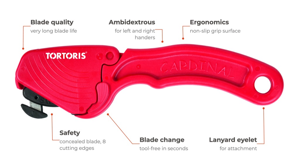 TORTORIS ULTRA SAFE 35 safety knife, side view with labelled features
