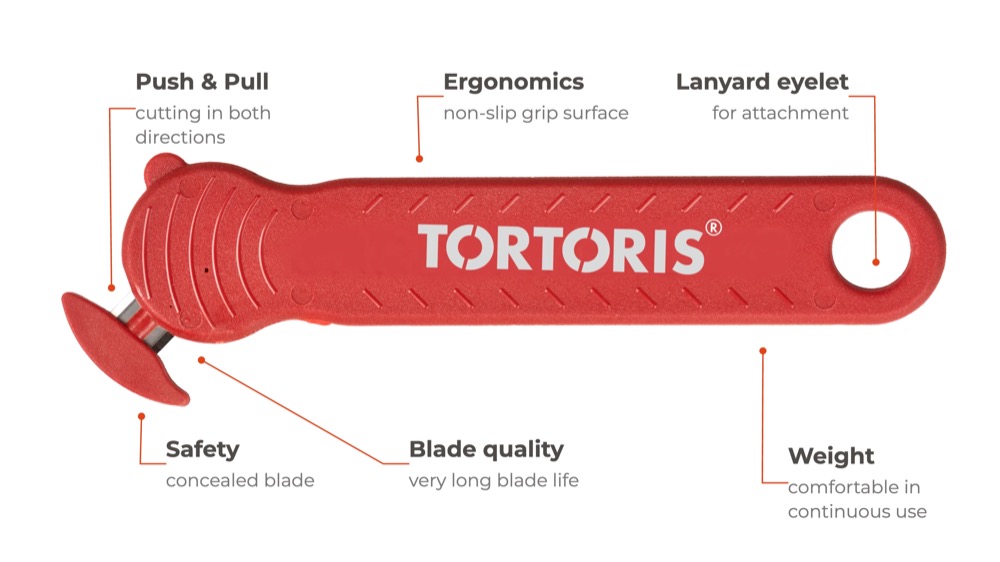 TORTORIS ULTRA SAFE 48 safety knife, top view with TORTORIS branding